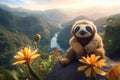 Plush animal toy with a flower. Beautiful mountains in the background