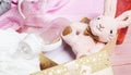 Plush baby toy rabbit for a newborn with toys, top view on a pink wooden background Royalty Free Stock Photo