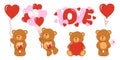 Plush bear character with heart balloons. Collection of illustrations with cute bear holding pink and red balloons. Flat vector il Royalty Free Stock Photo