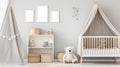 Plush bear on white cupboard in scandi child bedroom interior with crib under canopy. generative ai