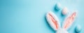 Plush Bunny rabbit ears and pastel eggs on blue panoramic background, Easter holiday web banner