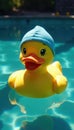 Plush duck in swim cap, underwater pool scene, underwater, fabric, green Royalty Free Stock Photo