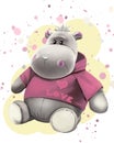 Plush funny hippo. A toy  in a sweatshirt. Cute hippo is sitting. Royalty Free Stock Photo