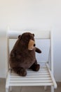 plush grizzly bear sits on a white wooden chair