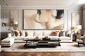 A plush ivory-colored sofa against a wall adorned with a large abstract art piece, adding a touch of artistic flair to the space