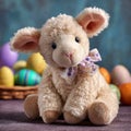 A plush lamb with easter eggs sitting in a wicker basket Royalty Free Stock Photo