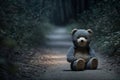 Plush lonely abandoned bear toy on path in dark forest, outdoors.