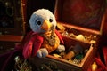 plush parrot toy atop a closed treasure
