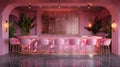 Plush pink bar stools and warm ambient lighting set the stage