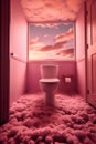 A plush pink toilet standing on pink clouds in a pink sky. Ceramic white 3d toilet bowl in the restroom with pink clouds.