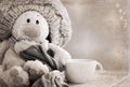 Plush rabbit and cup of tea Royalty Free Stock Photo