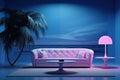 Retro Comfort: Pastel 1980s Interior, Comfy Sofa, and Atmospheric Lighting. Generative AI