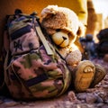 Plush Teddy bear Adorning a Soldiers Backpack, generative AI