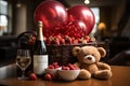 Plush teddy bear beside fruit bowls and a bottle of wine, AI-generated. Royalty Free Stock Photo