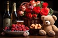Plush teddy bear beside fruit bowls and a bottle of wine, AI-generated. Royalty Free Stock Photo