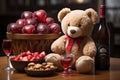 Plush teddy bear beside fruit bowls and a bottle of wine, AI-generated. Royalty Free Stock Photo