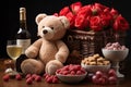 Plush teddy bear beside fruit bowls and a bottle of wine, AI-generated. Royalty Free Stock Photo