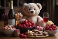 Plush teddy bear beside fruit bowls and a bottle of wine, AI-generated. Royalty Free Stock Photo