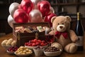 Plush teddy bear beside fruit bowls and a bottle of wine, AI-generated. Royalty Free Stock Photo