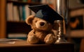 A plush teddy bear wearing a graduation cap, Generative AI Royalty Free Stock Photo