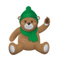 A plush toy bear in a cap and scarf holds a bump in his hand on a white isolated background. Vector image Royalty Free Stock Photo