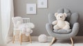 Plush toy and pillow on white round carpet in baby room with grey armchair. generative ai Royalty Free Stock Photo