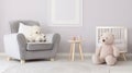 Plush toy and pillow on white round carpet in baby room with grey armchair. generative ai Royalty Free Stock Photo