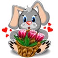 Plush toy rabbit with basket of tulips