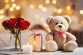 plush toy teddy bear with tie bow, gift box, candle and bouquet of red roses on blurred bokeh background Royalty Free Stock Photo