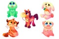 Plush toys, funny soft frog, horse, tiger, bunny Royalty Free Stock Photo