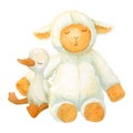 Plush toys fluffy lamb and soft duckling or gosling sleep, sitting hugging each other. Isolated watercolor composition