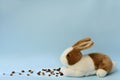 A plush white brown rabbit with pressed ears sits with paws close to a scattering of raisins. On the blue background