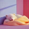 Plush white polar bear wrapped in a lemon-colored blanket sleeping