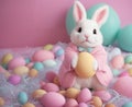 A plush white rabbit in a pink sweater surrounded by colorful eggs on a pink background. Easter background. Generative