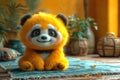 A plush yellow panda bear is sitting on the floor at home