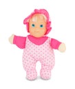 Plushie doll with blue shiny eyes on white background with shadow. Cute pink rag baby doll on white backdrop