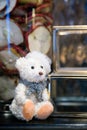 Plushy white sitting teddy bear isolated, Christmas gift idea, t