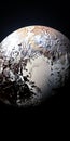 Pluto: A Dark Colored Planet With Snow Ice And Metallic Sculpture Style