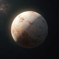 Pluto, dwarf planet, floats in dark, star-filled expanse of solar system. Surface displays mix of light, dark brown textures Royalty Free Stock Photo