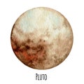 Pluto Planet of the Solar System watercolor isolated illustration on white background. Outer Space planet hand drawn