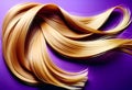 Ply of shiny, healthy, glowing blonde hair with wavy styling on purple background