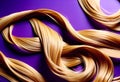 Ply of shiny, healthy, glowing blonde hair with wavy styling on purple background