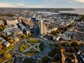 Plymouth skyscrapper in city centre aerial drone view