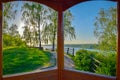 Volga river landscape through a wooden window viewpoint in Plyos