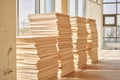 Plywood boards on the industry. layer of plywood, Construction site preparation for the flooring of the parquet floor Royalty Free Stock Photo