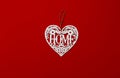 Plywood topper, white heart on a red background, top view, inscription Home, horizontal