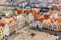 Plzen, Czech Republic - April, 2018: Aerial view from St Bartholomews cathedral over Republic Square. Pilsen or Plzen, in Bohemian