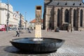 Plzen, Czech Republic, 13/05/2019 fountains in the square of the Cathedral of St. Bartholomew