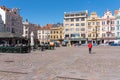 Plzen, Czech Republic, 13/05/2019 Historic residential buildings in the Cathedral Square of St. Bartholomew