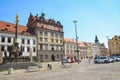 Plzen, Czech Republic - June 25, 2019: The main square in Pilsen, Czechia with Rennaisance City Hall building and St. Mary`s Royalty Free Stock Photo